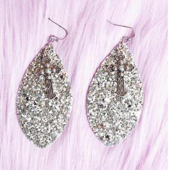 One Blessed Nana Jewelry - ❤️NWT BOUTIQUE  SILVER GLITTER MARQUISE WITH CROSS CHARM EARRINGS